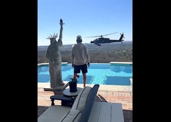 A U.S. Army attack helicopter hovers near the Nashville home of Kid Rock on Saturday, March 28, 2026 (Video screenshot)