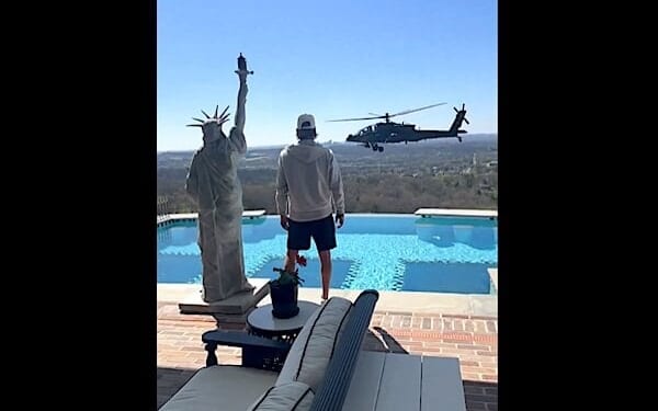 A U.S. Army attack helicopter hovers near the Nashville home of Kid Rock on Saturday, March 28, 2026 (Video screenshot)
