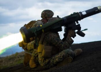 U.S. Marine Corps Lance Cpl. Justin Cooper of Old Bridge, New Jersey, and Cpl. Jacob Siemsen of Tillamook, Oregon, fire a Javelin missile while conducting a live-fire combat rehearsal during Fuji Viper 21.3 at Combined Arms Training Center, Camp Fuji, Japan, April 12, 2021. (U.S. Marine Corps photo by Lance Cpl. Jonathan Willcox)