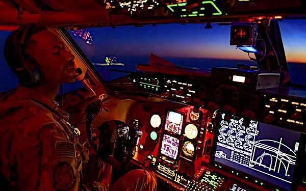 An airman flies a KC-135 Stratotanker over the U.S. Central Command area of responsibility, May 18, 2021. (U.S. Air Force photo by Tech. Sgt. Robert Harnden)
