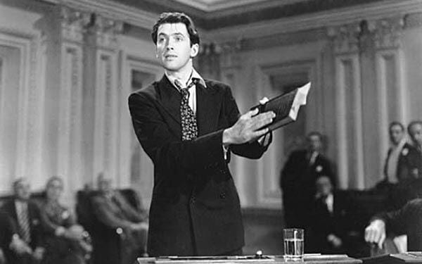 A still from the film, "Mr. Smith Goes to Washington," shows Jimmy Stewart during the famous filibuster scene.