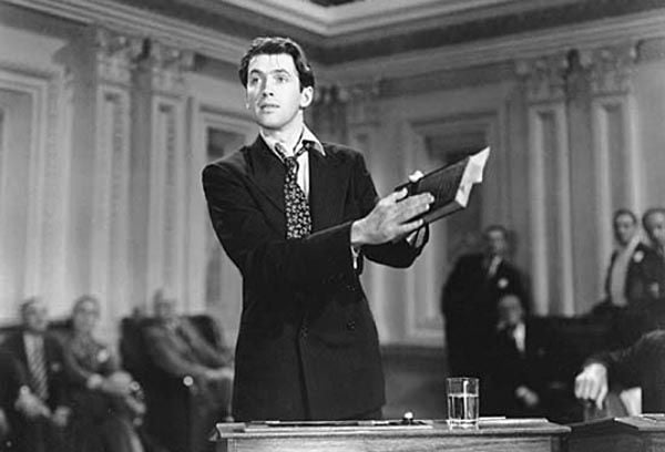 A still from the film, "Mr. Smith Goes to Washington," shows Jimmy Stewart during the famous filibuster scene.