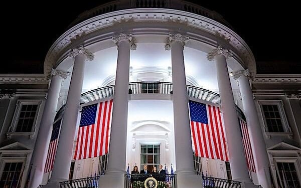 President Donald J. Trump, First Lady Melania Trump, Supreme Court Associate Justice Amy Coney Barrett, and her husband Jesse Barrett greet invited guests on the Blue Room Balcony of the White House Monday, Oct. 26, 2020, after attending Barrett's swearing-in ceremony as Supreme Court Associate Justice. (Official White House photo by Tia Dufour)