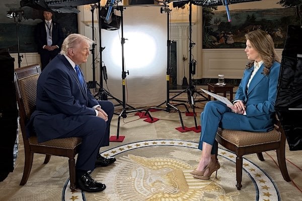 President Donald Trump is interviewed by Norah O'Donnell of '60 Miniues' on Sunday, April 26, 2026, a day after an assassination attempt at the White House Correspondents Dinner. (Official White House photo)