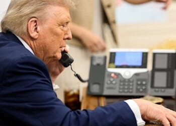 President Donald Trump speaks with Russian President Vladimir Putin on the phone, Monday, Aug. 18, 2025, in the Oval Office. (Official White House photo by Daniel Torok)