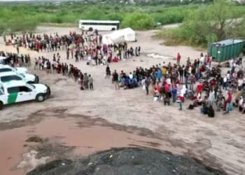 Hundreds of illegal immigrants are processed by U.S. Border Patrol officers in Eagle Pass, Texas, on Sept. 18, 2023