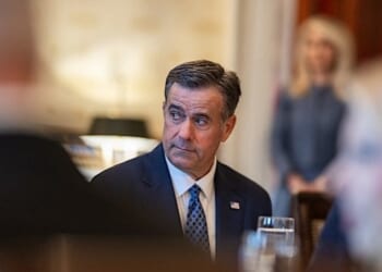CIA Director John Ratcliffe looks on as President Donald Trump speaks to the press during a bilateral dinner with Israeli Prime Minister Benjamin Netanyahu, Monday, July 7, 2025, in the Blue Room. (Official White House photo by Daniel Torok)