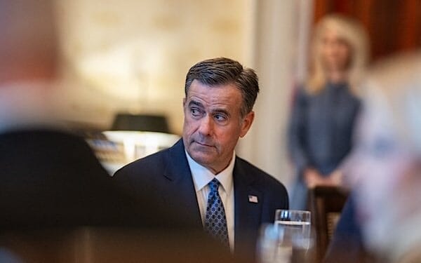 CIA Director John Ratcliffe looks on as President Donald Trump speaks to the press during a bilateral dinner with Israeli Prime Minister Benjamin Netanyahu, Monday, July 7, 2025, in the Blue Room. (Official White House photo by Daniel Torok)