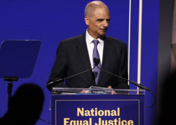 NEW YORK, NEW YORK - MAY 16: Eric Holder speaks onstage during the Legal Defense Fund 36th National Equal Justice Awards Dinner at The Glasshouse on May 16, 2024 in New York City. (Photo by Jemal Countess/Getty Images for Legal Defense Fund)