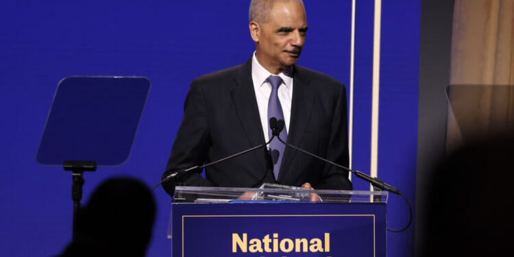 NEW YORK, NEW YORK - MAY 16: Eric Holder speaks onstage during the Legal Defense Fund 36th National Equal Justice Awards Dinner at The Glasshouse on May 16, 2024 in New York City. (Photo by Jemal Countess/Getty Images for Legal Defense Fund)