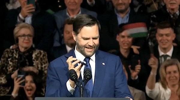 Vice President JD Vance speaks on the phone with President Donald Trump while campaigning for Prime Minister Viktor Orban in Hungary on Tuesday, April 7, 2026 (Video screenshot)