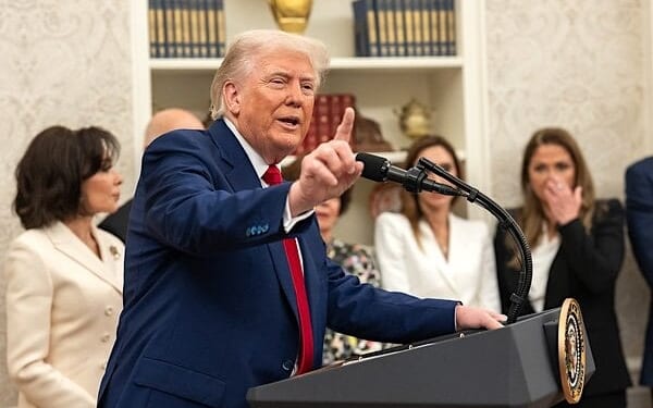 President Donald Trump answers questions from members of the media after the swearing-in ceremony for the Interim U.S. Attorney for the District of Columbia Jeanine Pirro, Wednesday, May 28, 2025, in the Oval Office. (Official White House photo by Joyce N. Boghosian)
