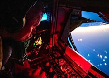 A U.S. Air Force KC-135 Stratotanker refuels a U.S. Navy P-8 Poseidon during the U.S. blockade against ships entering or exiting Iranian ports on Tuesday, April 21, 2026. (U.S. Central Command photo)