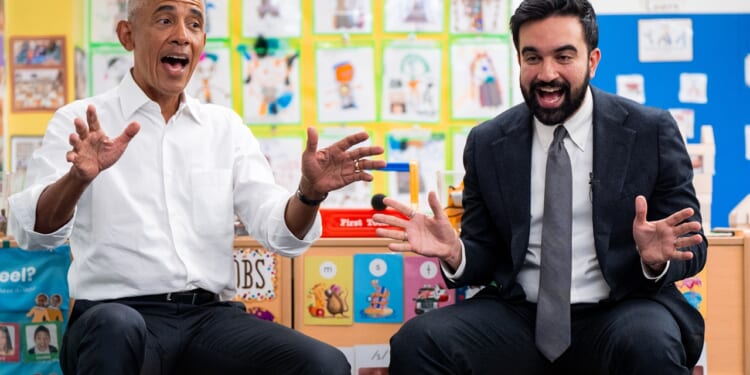 Barack Obama and Zohran Mamdani singing and moving their hands in a classroom