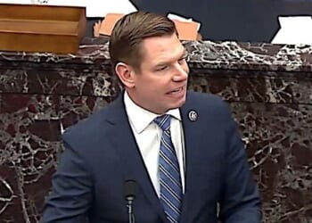 U.S. Rep. Eric Swalwell, D-Calif., as House impeachment manager on Wednesday, Feb. 10, 2021. (C-SPAN video screenshot)
