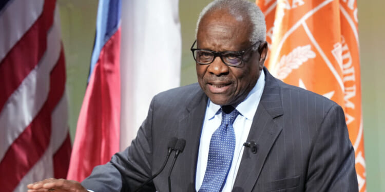 AUSTIN, TEXAS - APRIL 15: U.S. Supreme Court Justice Clarence Thomas speaks during a special lecture celebrating the 250th anniversary of the signing of the Declaration of Independence at Hogg Memorial Auditorium at the University of Texas on Wednesday, April 15, 2026. (Jay Janner/The Austin American-Statesman via Getty Images)