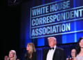 White House Press Secretary Karoline Leavitt, US First Lady Melania Trump, US President Donald Trump and CBS News senior White House correspondent Weijia Jiang stand in front of a blue backdrop reading "White House Correspondents' Dinner."