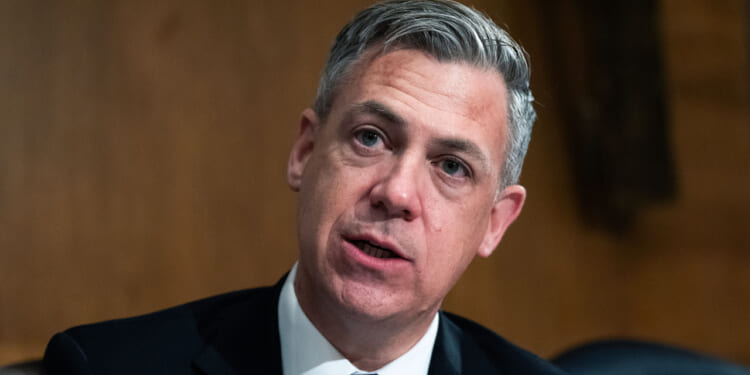 Sen. Jim Banks, R-Ind., at the Senate Banking, Housing and Urban Affairs Committee hearing on April 21, 2026.