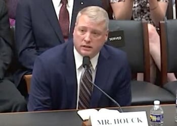 Christian dad and pro-life activist Mark Houck testifies to Congress on Tuesday, May 16, 2023. (Video screenshot)