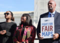 (L-R) Janai Nelson, Terri Sewell and Ambrose Sims attend the rally as activists and participants gather in front of the Supreme Court of the United States during Supreme Court re-argument of Louisiana v. Callais on October 15, 2025 in Washington, DC. (Jemal Countess/Getty Images for Legal Defense Fund)
