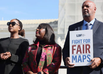(L-R) Janai Nelson, Terri Sewell and Ambrose Sims attend the rally as activists and participants gather in front of the Supreme Court of the United States during Supreme Court re-argument of Louisiana v. Callais on October 15, 2025 in Washington, DC. (Jemal Countess/Getty Images for Legal Defense Fund)