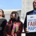 (L-R) Janai Nelson, Terri Sewell and Ambrose Sims attend the rally as activists and participants gather in front of the Supreme Court of the United States during Supreme Court re-argument of Louisiana v. Callais on October 15, 2025 in Washington, DC. (Jemal Countess/Getty Images for Legal Defense Fund)