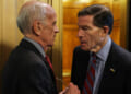 Sen. Peter Welch (D-VT) and Sen. Richard Blumenthal (D-CT) speak outside of the Senate Chambers.