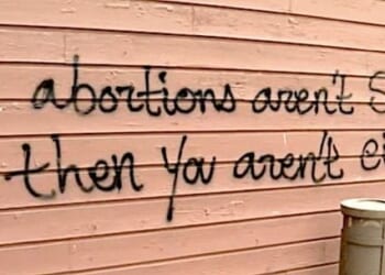 A pro-life group was attacked Sunday, May 9, 2022, in Madison, Wisconsin, with a message reading, 'If abortions aren't safe then you aren't either.' (Video screenshot)