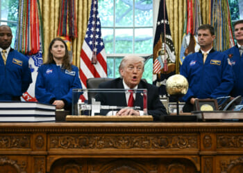 US President Donald Trump speaks as he welcomes the Artemis II astronauts, from L to R, Victor Glover, Christina Koch, Reid Wiseman and Jeremy Hansen in the Oval Office at the White House in Washington, DC, on April 29, 2026.