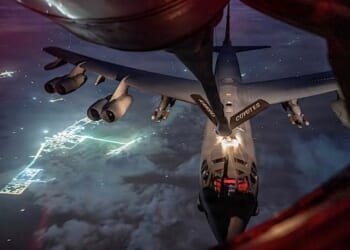 An Air Force B-52 Stratofortress aircraft refuels from a KC-135 Stratotanker aircraft during Operation Epic Fury over the U.S. Central Command area of responsibility, Thursday, March 26, 2026. (U.S. Air Force photo)