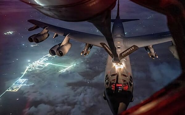 An Air Force B-52 Stratofortress aircraft refuels from a KC-135 Stratotanker aircraft during Operation Epic Fury over the U.S. Central Command area of responsibility, Thursday, March 26, 2026. (U.S. Air Force photo)