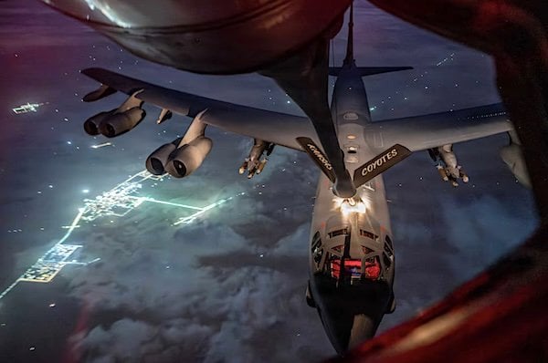 An Air Force B-52 Stratofortress aircraft refuels from a KC-135 Stratotanker aircraft during Operation Epic Fury over the U.S. Central Command area of responsibility, Thursday, March 26, 2026. (U.S. Air Force photo)