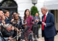 President Donald Trump departs the White House and gaggles with the press on the South Lawn before boarding HMX-1 to begin traveling to the United Kingdom on Tuesday, Sept. 15, 2025. (Official White House photo by Harrison Koeppel)