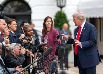 President Donald Trump departs the White House and gaggles with the press on the South Lawn before boarding HMX-1 to begin traveling to the United Kingdom on Tuesday, Sept. 15, 2025. (Official White House photo by Harrison Koeppel)