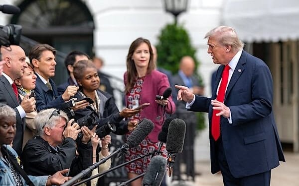 President Donald Trump departs the White House and gaggles with the press on the South Lawn before boarding HMX-1 to begin traveling to the United Kingdom on Tuesday, Sept. 15, 2025. (Official White House photo by Harrison Koeppel)