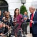President Donald Trump departs the White House and gaggles with the press on the South Lawn before boarding HMX-1 to begin traveling to the United Kingdom on Tuesday, Sept. 15, 2025. (Official White House photo by Harrison Koeppel)