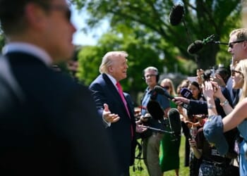 President Donald J. Trump speaks with members of the media before boarding Marine One on the South Lawn of the White House, Thursday, April 16, 2026, en route Joint Base Andrews for a trip to Las Vegas. (Official White House photo by Molly Riley)