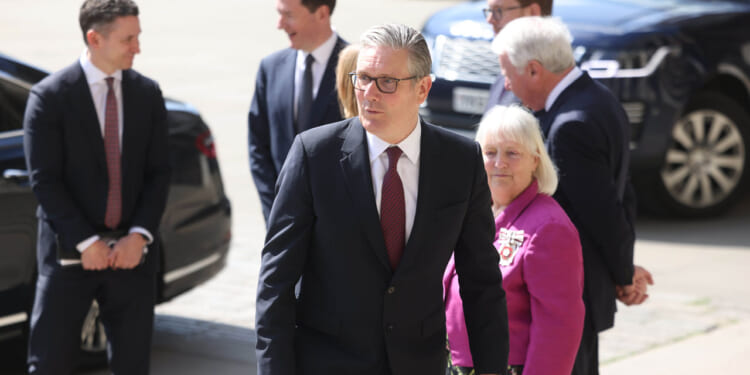 British Prime Minister Keir Starmer arrives for a presentation at the British Museum for the final design for the Queen Elizabeth.