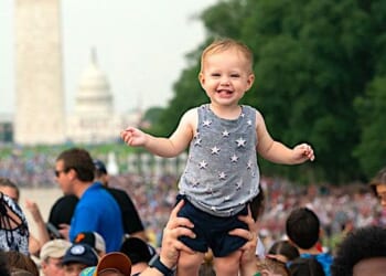 Crowds celebrate and wave flags while listening to the band music at the Salute to America event Thursday, July 4, 2019, at the Lincoln Memorial in Washington, D.C. (Official White House photo by Joyce N. Boghosian)