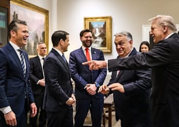Hungarian Prime Minister Viktor Orbán greets Vice President JD Vance and members of the U.S. delegation in the West Wing Lobby of the White House, Friday, Nov. 7, 2025, before a meeting with President Donald Trump. (Official White House photo by Mollly Riley)