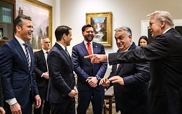 Hungarian Prime Minister Viktor Orbán greets Vice President JD Vance and members of the U.S. delegation in the West Wing Lobby of the White House, Friday, Nov. 7, 2025, before a meeting with President Donald Trump. (Official White House photo by Mollly Riley)