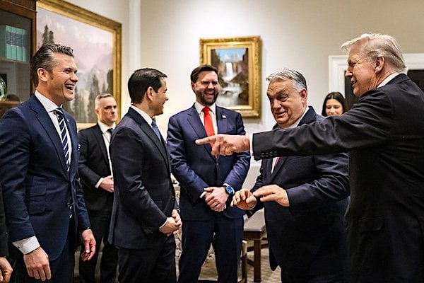 Hungarian Prime Minister Viktor Orbán greets Vice President JD Vance and members of the U.S. delegation in the West Wing Lobby of the White House, Friday, Nov. 7, 2025, before a meeting with President Donald Trump. (Official White House photo by Mollly Riley)