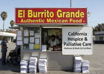 An A.I.-generated image mocking revelations about hospice fraud in California