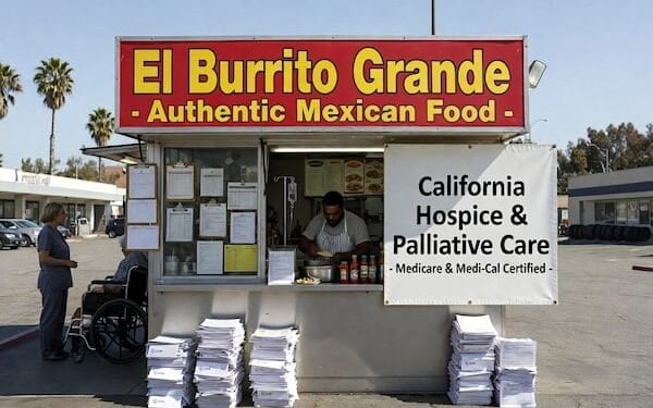 An A.I.-generated image mocking revelations about hospice fraud in California