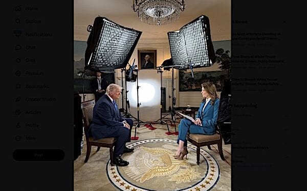 President Donald Trump is interviewed by Norah O'Donnell of '60 Miniues' on Sunday, April 26, 2026, a day after an assassination attempt at the White House Correspondents Dinner. (Official White House photo)