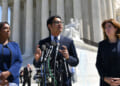 Then-ACLU's Voting Rights Project Director Dale Ho (C) flanked by New York Attorney General Letitia James (L) and Director of the Census for New York City Julie Menin (R) speaks to reporters outside of the US Supreme Court in Washington, DC on April 23, 2019. - In March 2018, US Secretary of Commerce Wilbur Ross announced he was going to reintroduce for the 2020 census a question on citizenship abandoned more than 60 years ago. The decision sparked an uproar among Democrats and defenders of migrants -- who have come under repeated attack from an administration that has made clamping down on illegal migration a hallmark as President Donald Trump seeks re-election in 2020. (Photo by MANDEL NGAN / AFP) (Photo credit should read MANDEL NGAN/AFP via Getty Images)