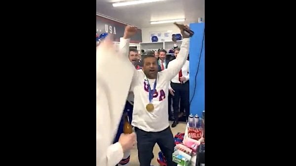 FBI Director Kash Patel celebrates the gold-medal victory with Team USA's men's hockey players in Milan, Italy, on Sunday, Feb. 22, 2026 (Video screenshot)