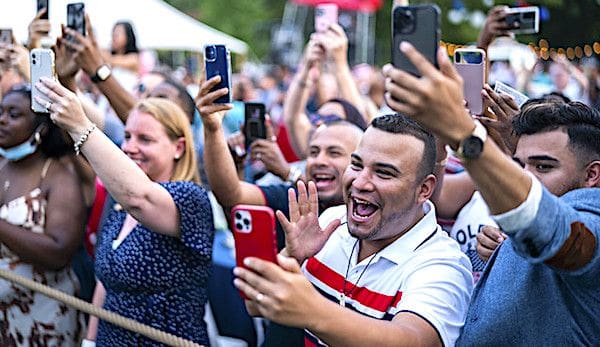 Frontline workers and military families cheer during the Fourth of July celebration, Sunday, July 4, 2021, on the South Lawn of the White House. (Official White House photo by Chandler West)
