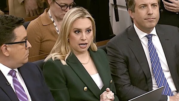Jacqui Heinrich of the Fox News Channel asks White House Press Secretary Karoline Leavitt a question during a news briefing on Tuesday, April 8, 2025 (Video screenshot)