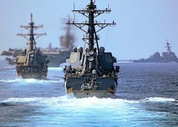 The guided-missile destroyers USS Mason and USS Laboon steam in formation with the aircraft carrier USS Dwight D. Eisenhower and the Italian navy frigate ITS Virginio Fasan in the Atlantic Ocean, Tuesday, July 4, 2023. (U.S. Navy photo by Petty Officer 2nd Class Keith Nowak)